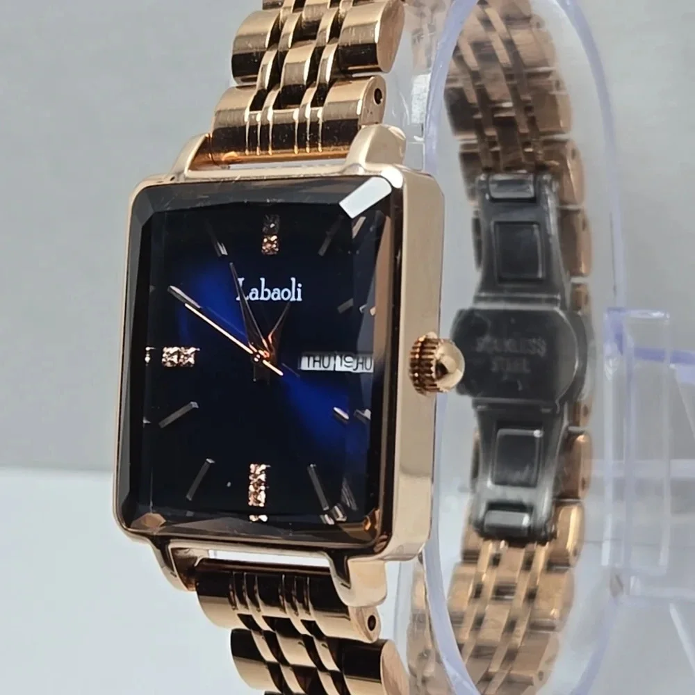 Womens Labaoli Day Date Blue Dial Rose Gold Stainless Steel Watch LA258M Dainty